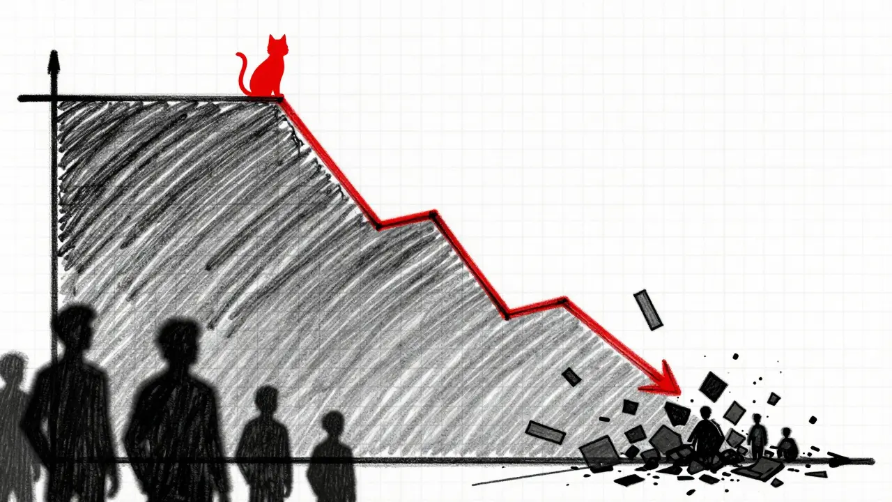 Design sketch showing a crashing price graph and abandoned project symbols.