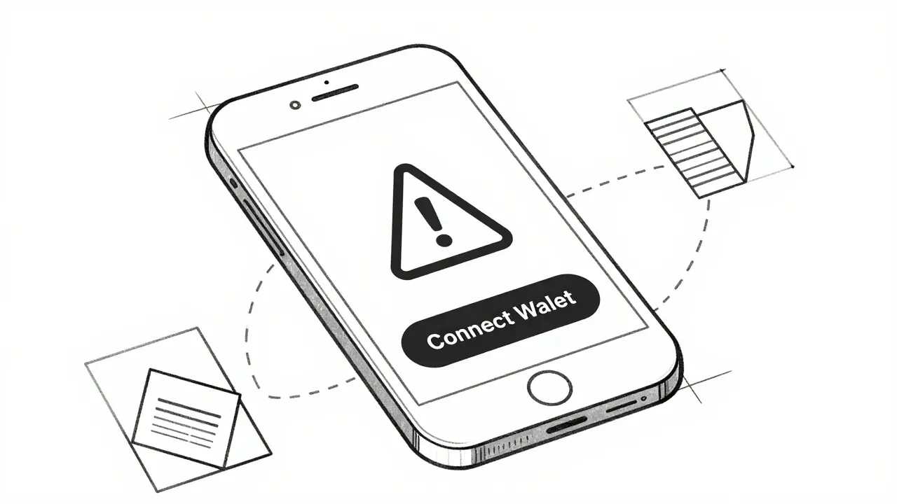 Line art diagram of a wallet security warning and phishing trap