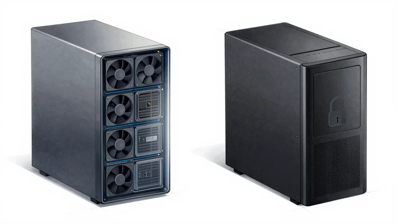 Sketch comparing self-hosted server vs custodial black box