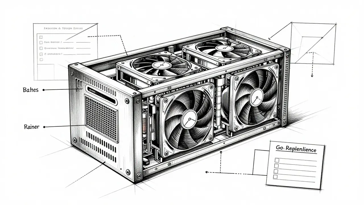 Technical design sketch of a crypto mining server with regulatory overlays.