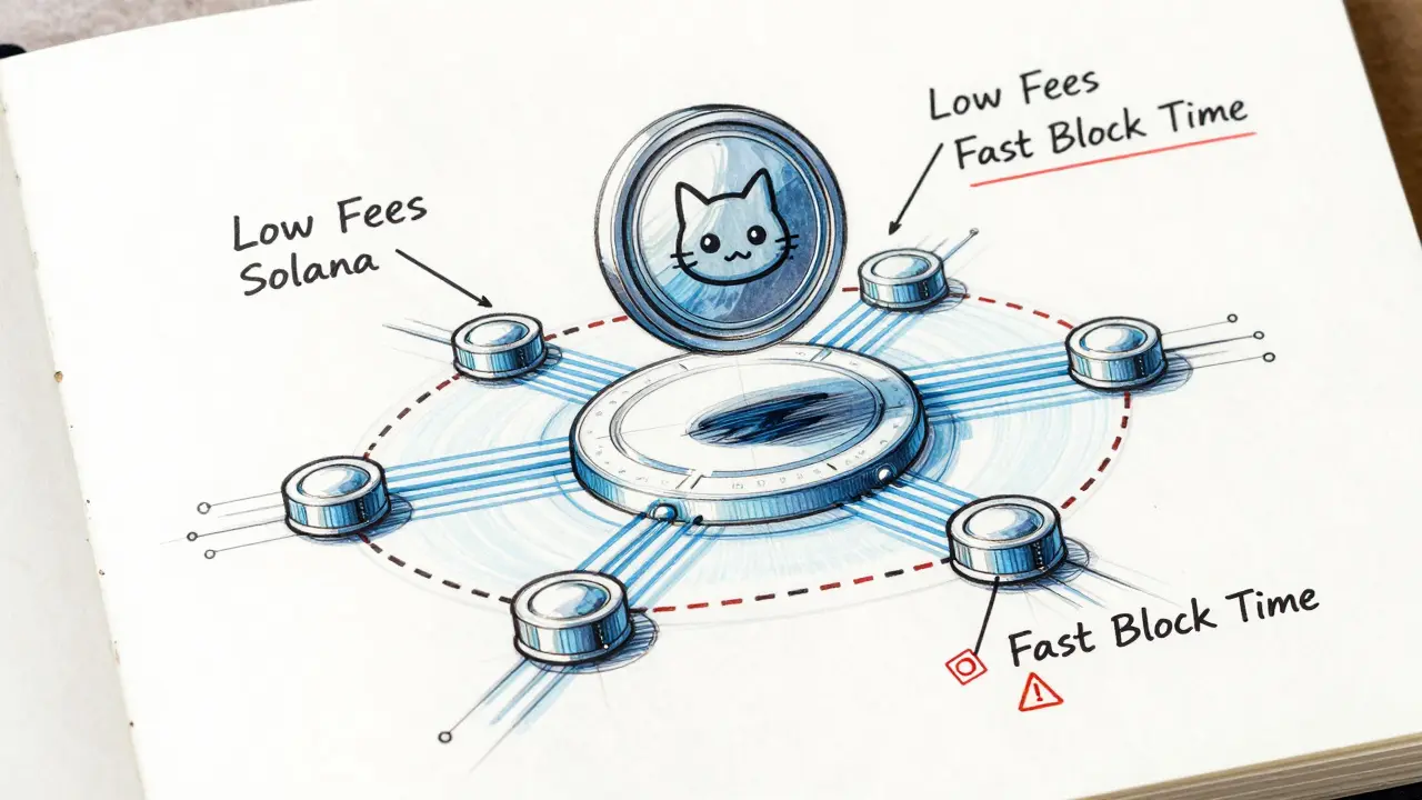 Technical sketch of crypto token on Solana network with security warnings.