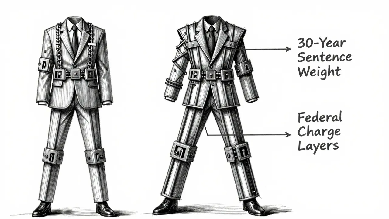 Conceptual fashion sketch of a suit made from prison bars and legal charges