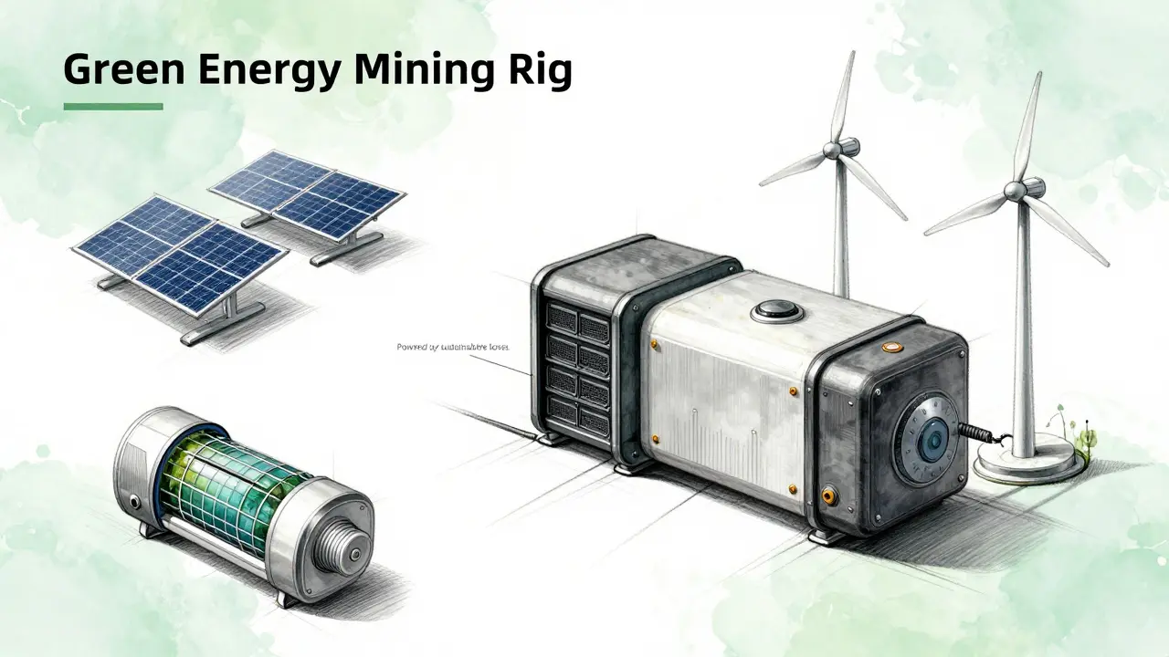 Conceptual sketch of a modular mining rig integrated with renewable energy sources