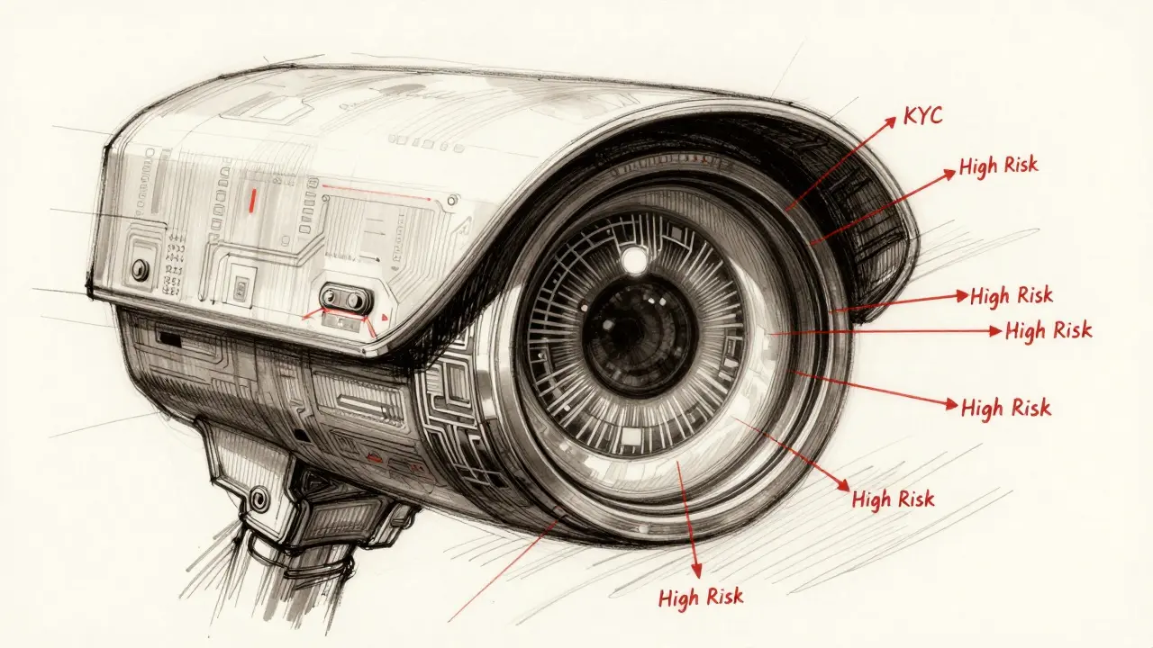 Conceptual sketch of AI surveillance lens tracking crypto wallets