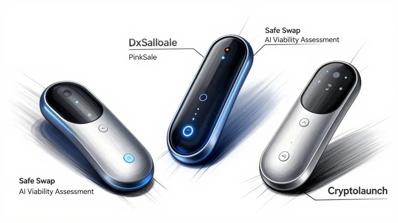Conceptual sketch of modern, sleek crypto launchpad devices with tech features.
