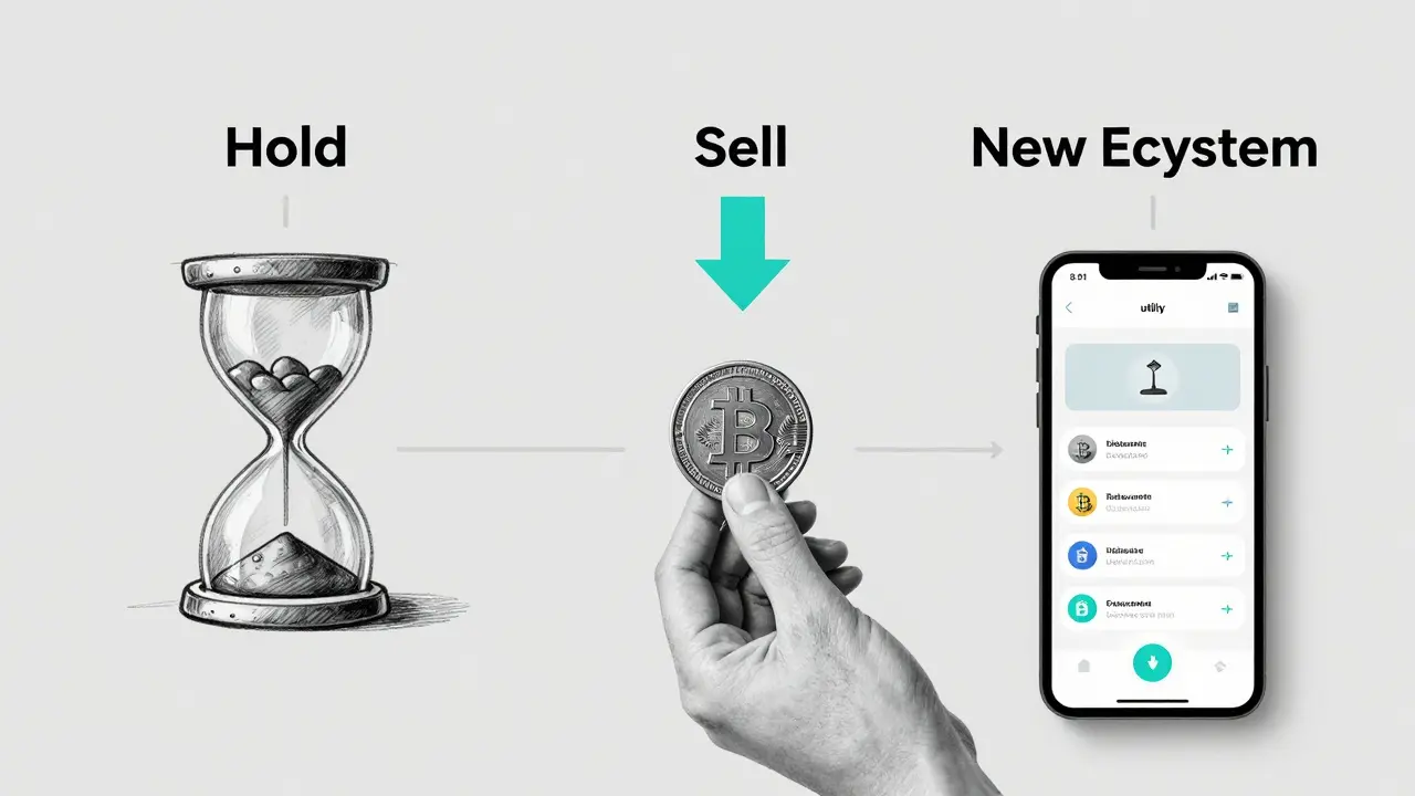 Conceptual sketch showing three strategic paths for legacy crypto holders