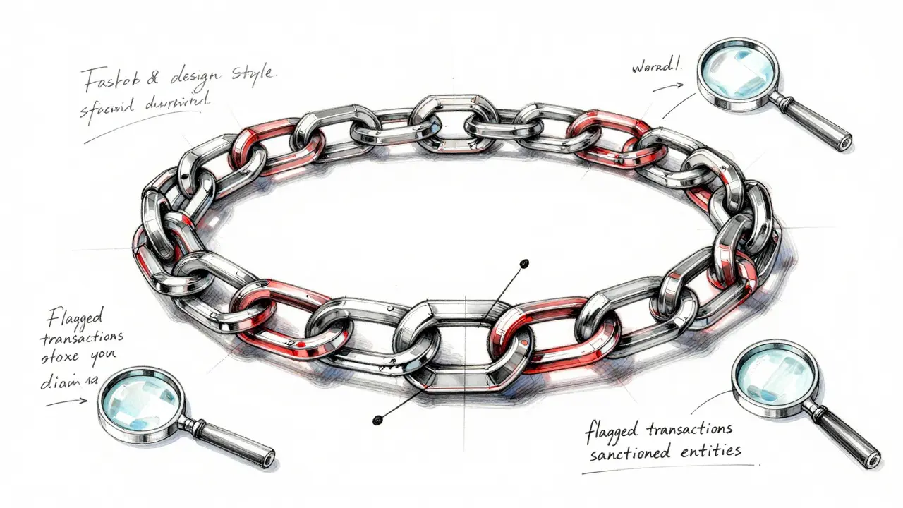 Design drawing of blockchain analytics shown as intricate, flagged jewelry links