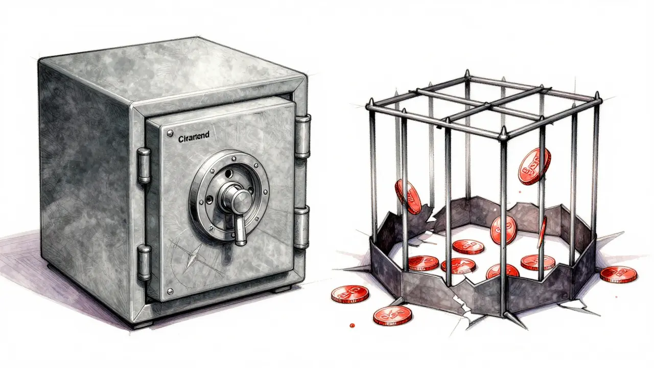 Design sketch comparing a secure vault to a broken crypto cage