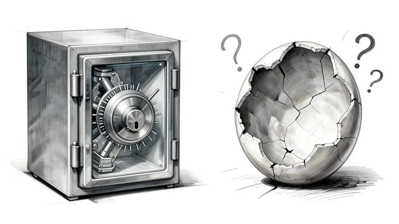 Design sketch comparing secure vault vs fragile shell