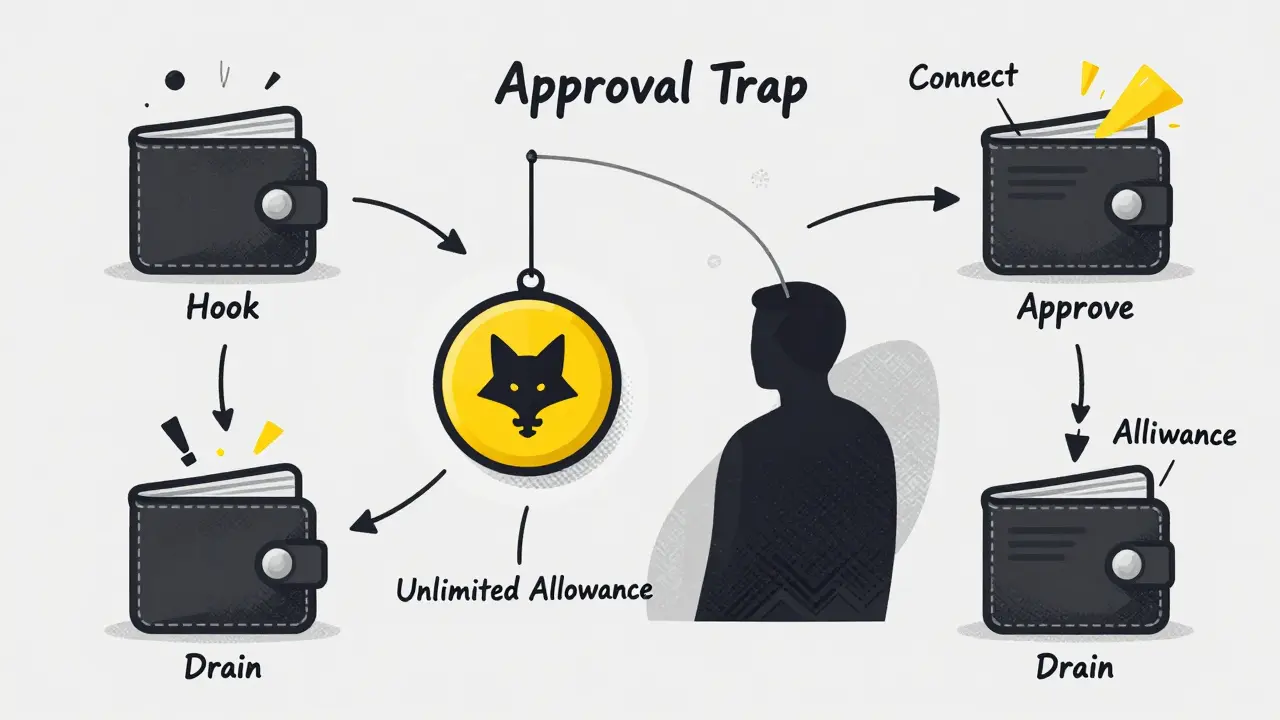 Design sketch illustrating a wallet being drained by a malicious approval trap