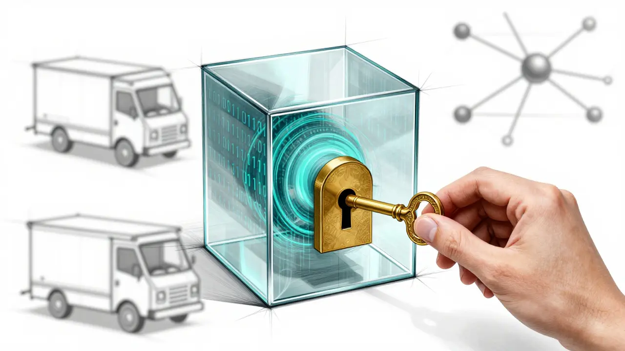 Design sketch of a locked glass cube with binary code, symbolizing end-to-end encryption.