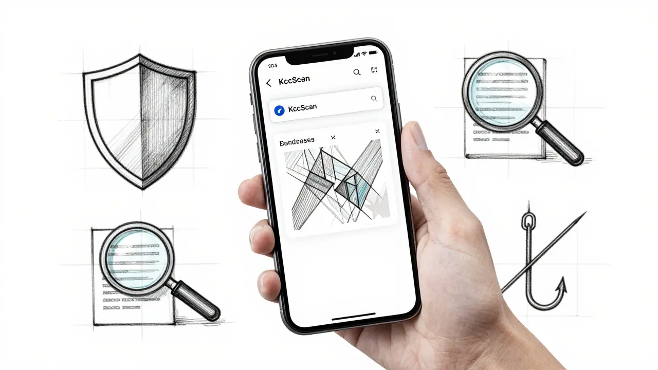 Design sketch of a smartphone showing blockchain verification and security icons.