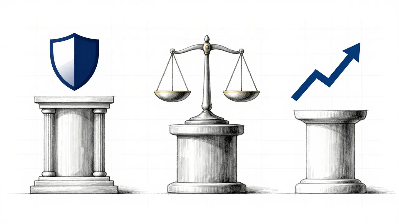 Design sketch of three pillars representing US, EU, and Asian regulations