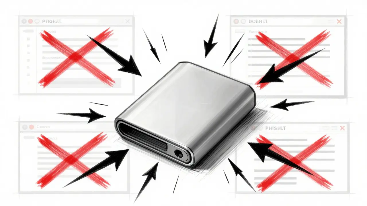 Design sketch showing phishing threats targeting crypto wallets