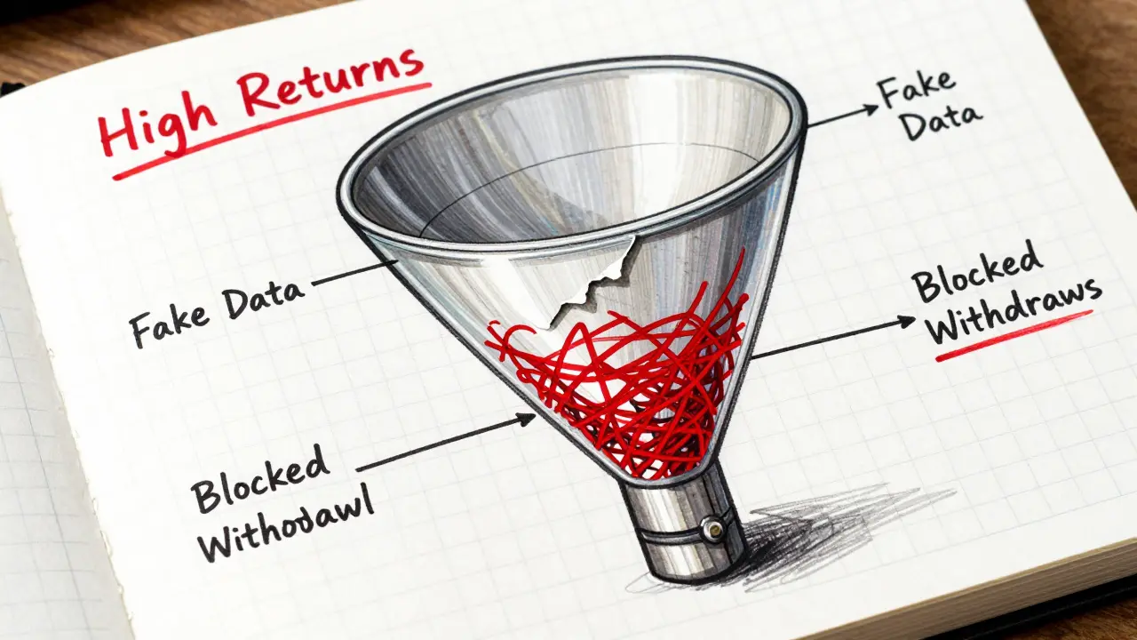 Exploded view sketch revealing hidden layers of a crypto scam