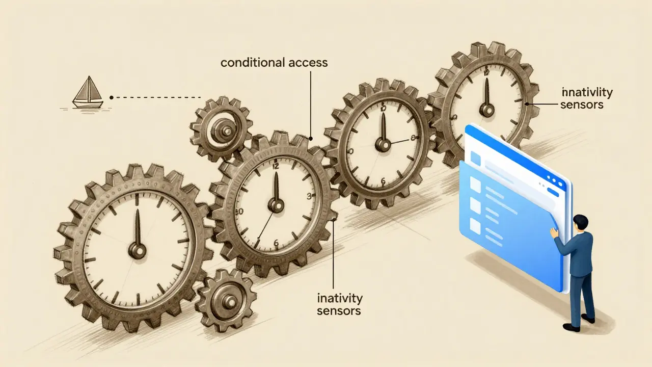 Illustration of mechanical gears and clocks triggering automatic file access for family members.