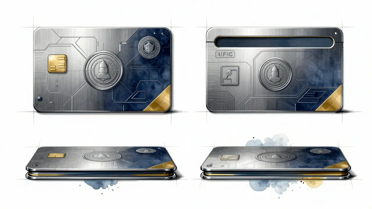 Industrial design sketch of a metallic regulatory license card with abstract security symbols