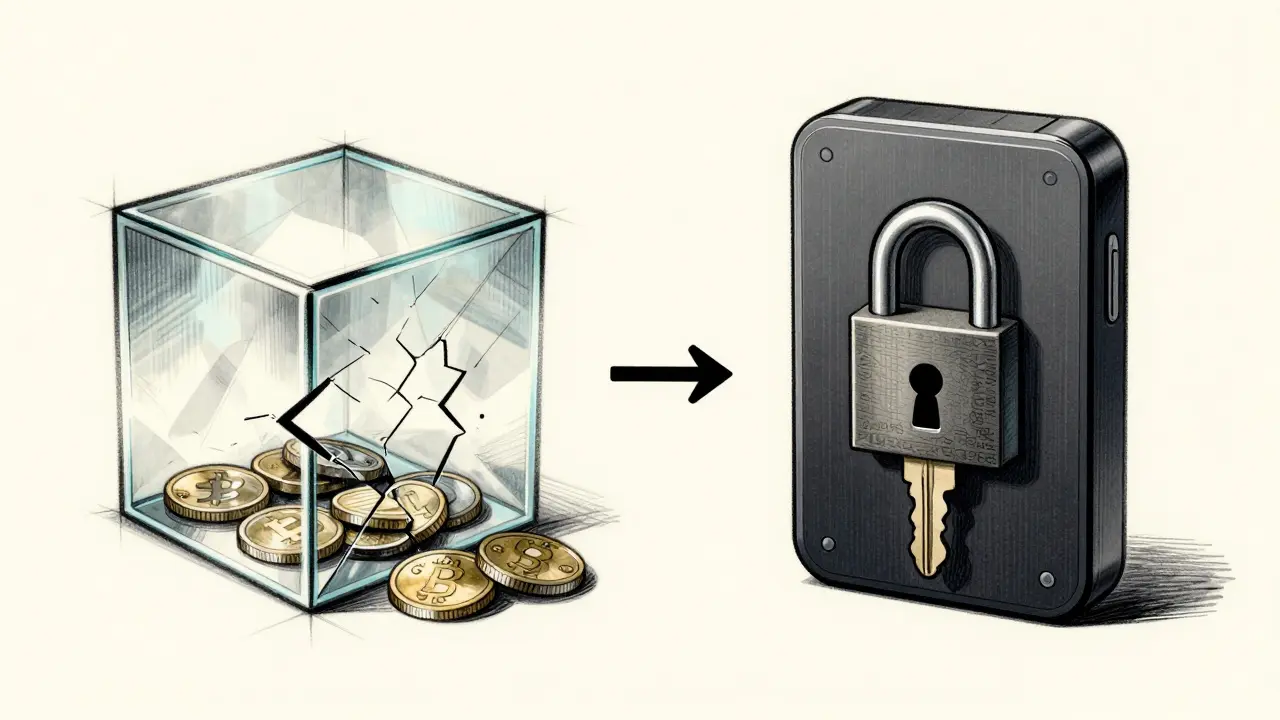 Sketch comparing a fragile exchange box to a secure hardware wallet