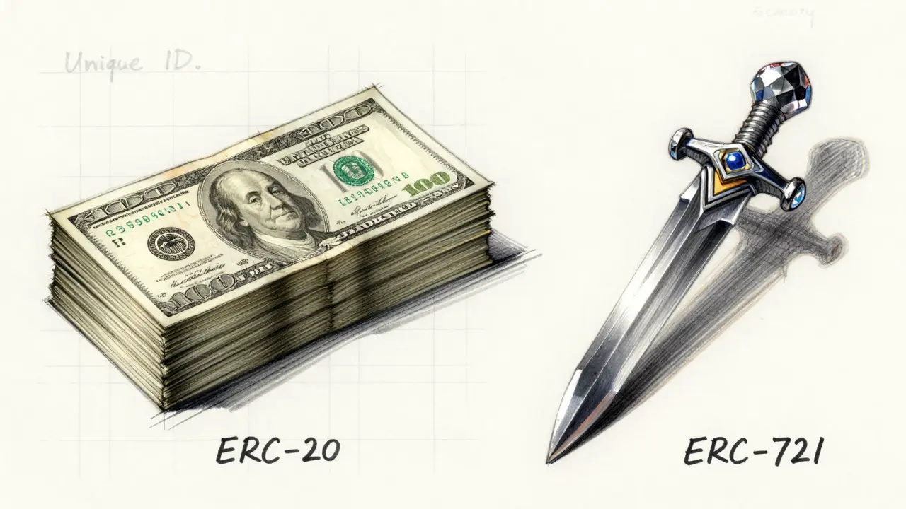 Sketch comparing interchangeable ERC-20 tokens vs unique ERC-721 assets.