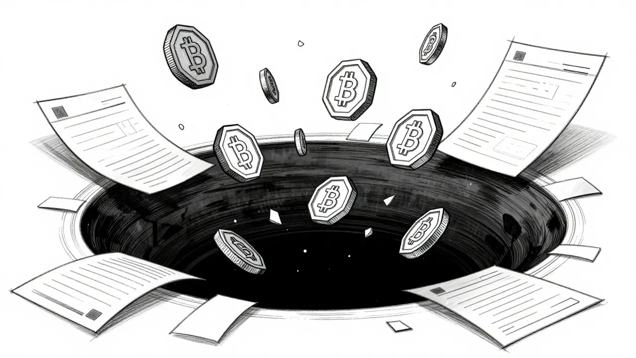 Technical drawing of crypto tokens falling into a void