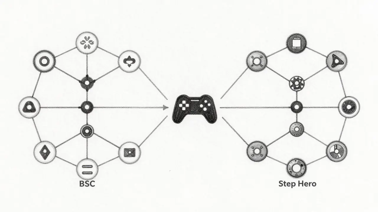 Technical sketch showing blockchain network paths merging into a game icon