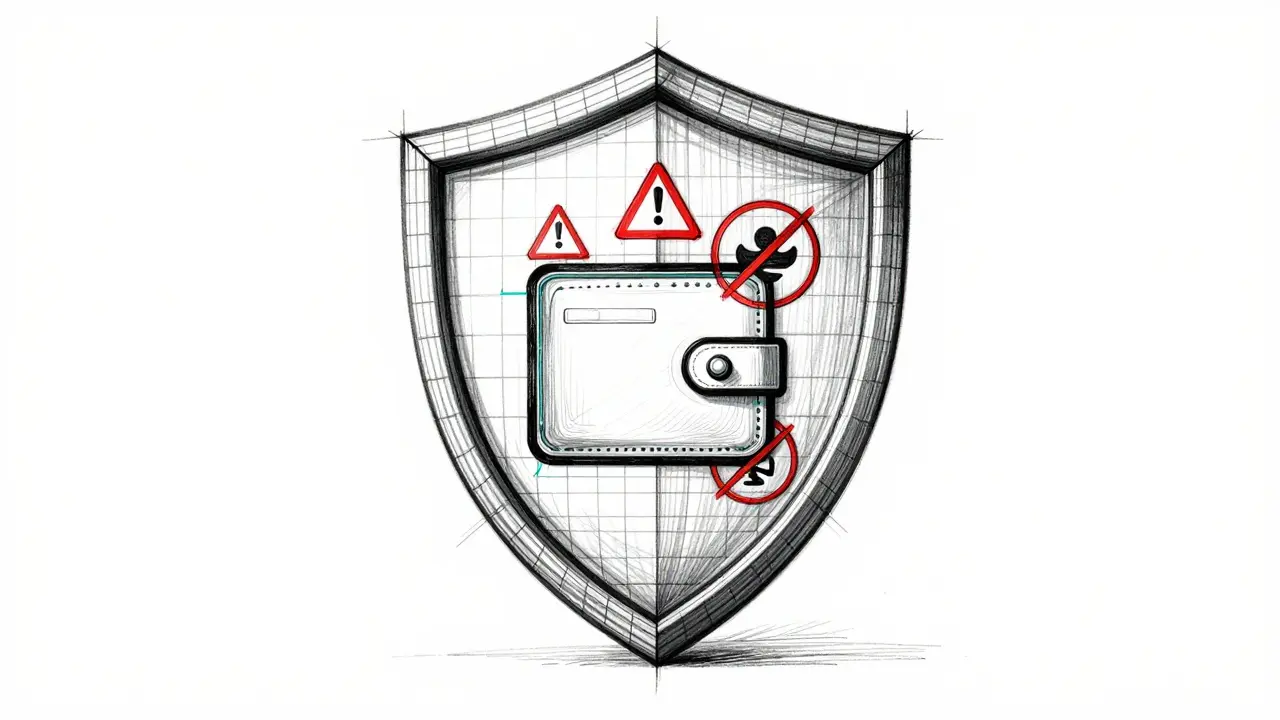 Wireframe sketch of a digital shield protecting a wallet from threats