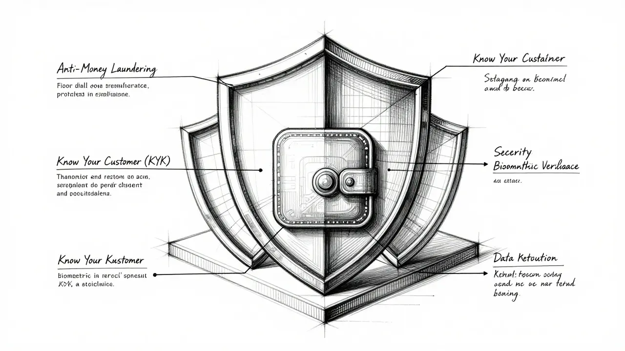 Wireframe sketch of crypto compliance and security layers