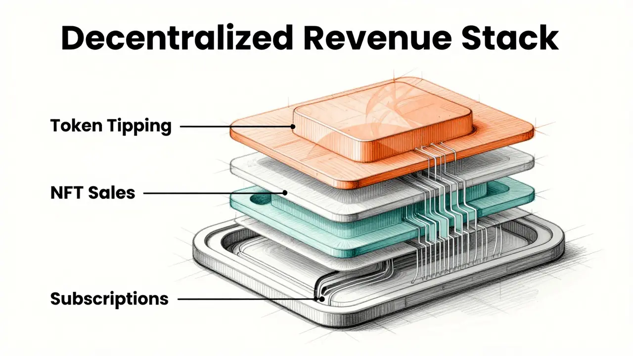 Architectural cross-section sketch of decentralized revenue streams