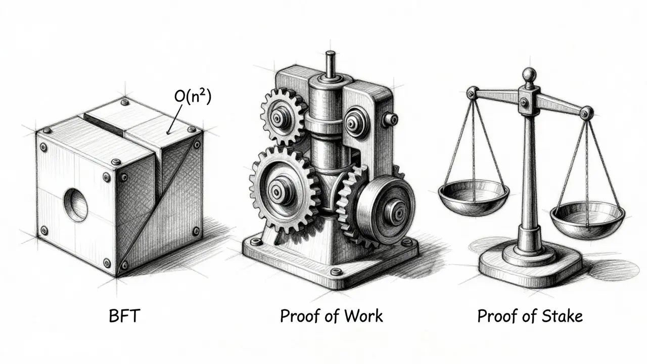 Comparative product sketches of BFT, PoW, and PoS structures