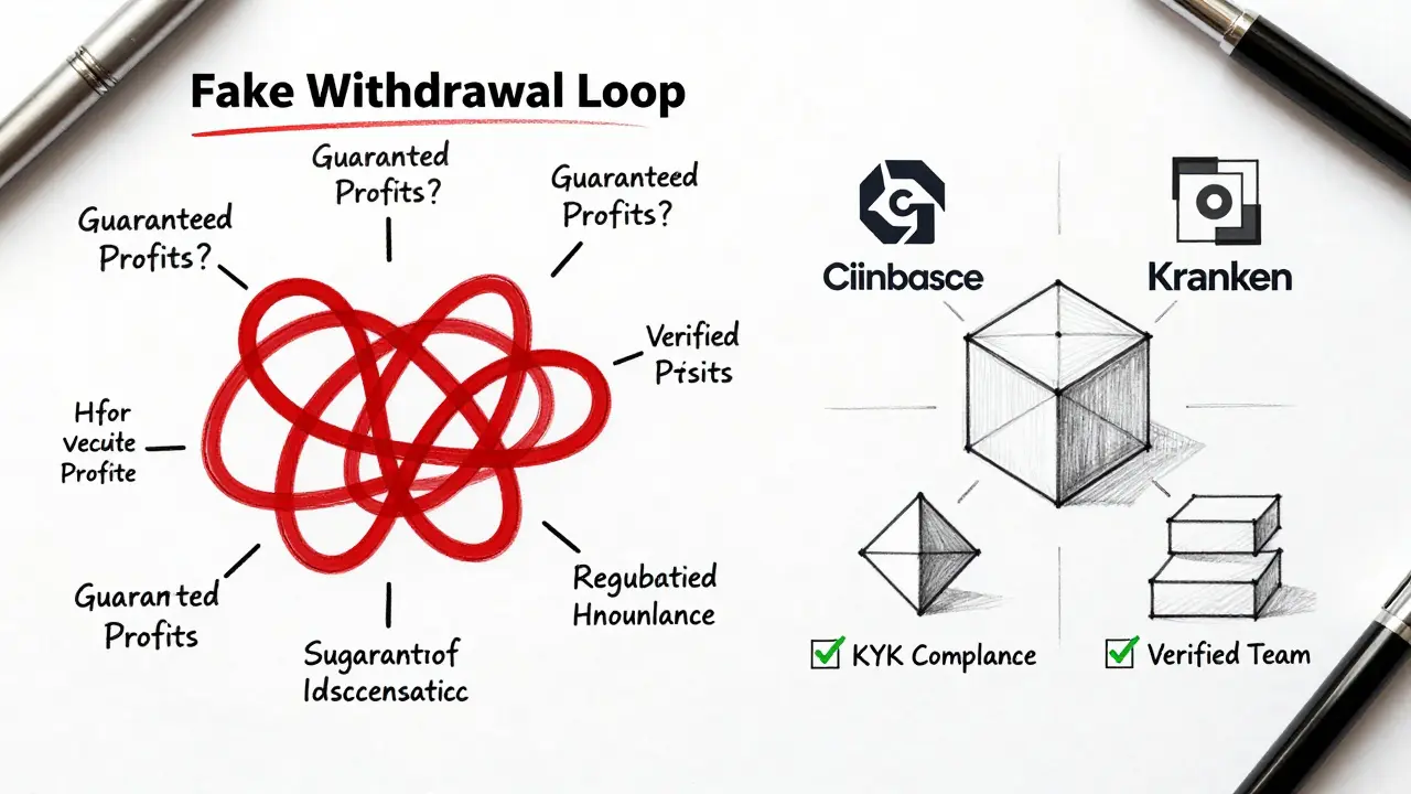 Concept sketch comparing scam tactics with safe, regulated exchange features
