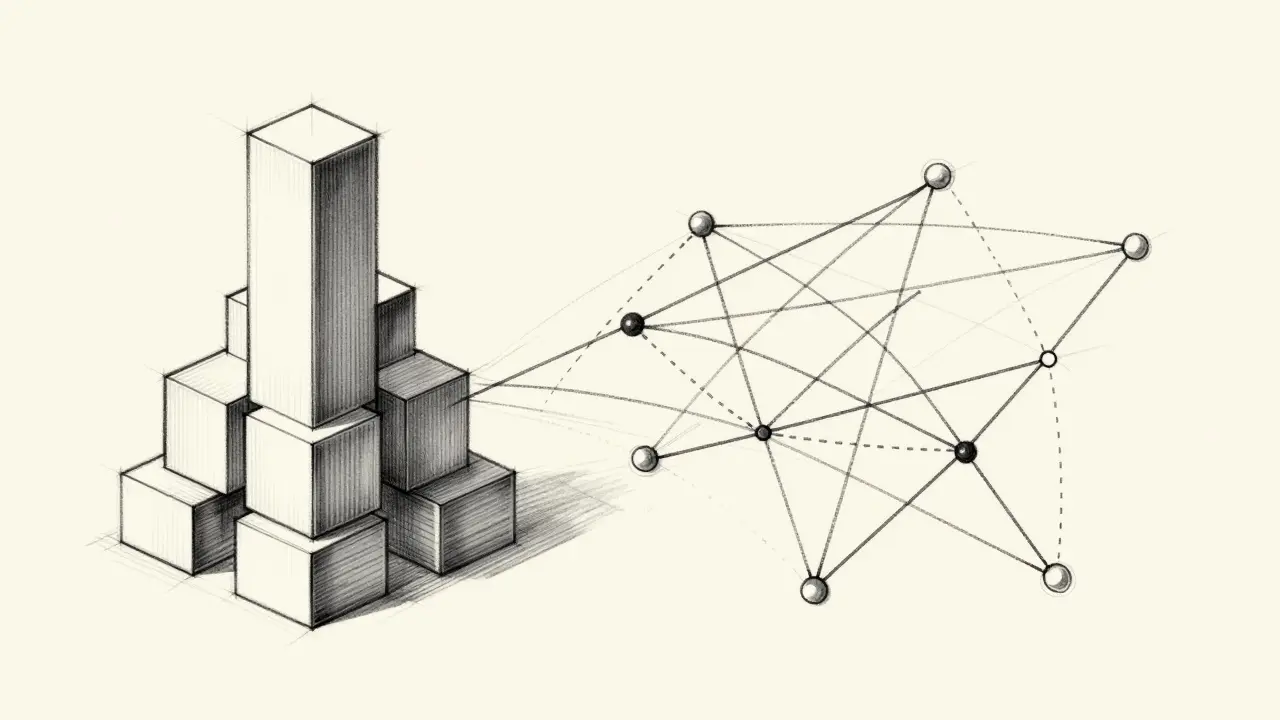 Conceptual sketch comparing rigid centralized vs fluid decentralized networks