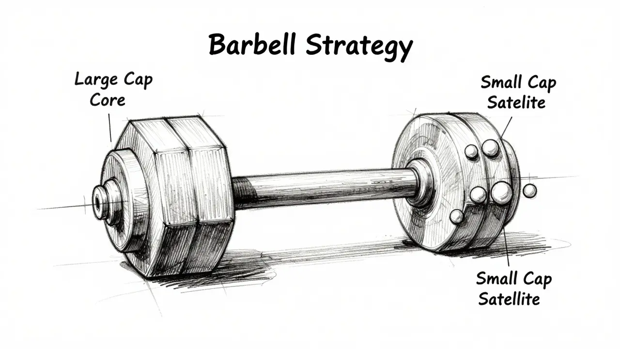 Conceptual sketch of barbell strategy balancing large and small cap assets