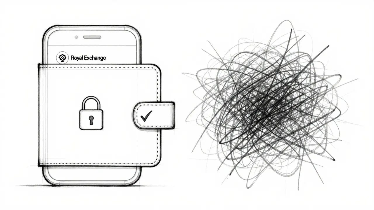 Contrast sketch between secure wallet and chaotic scam