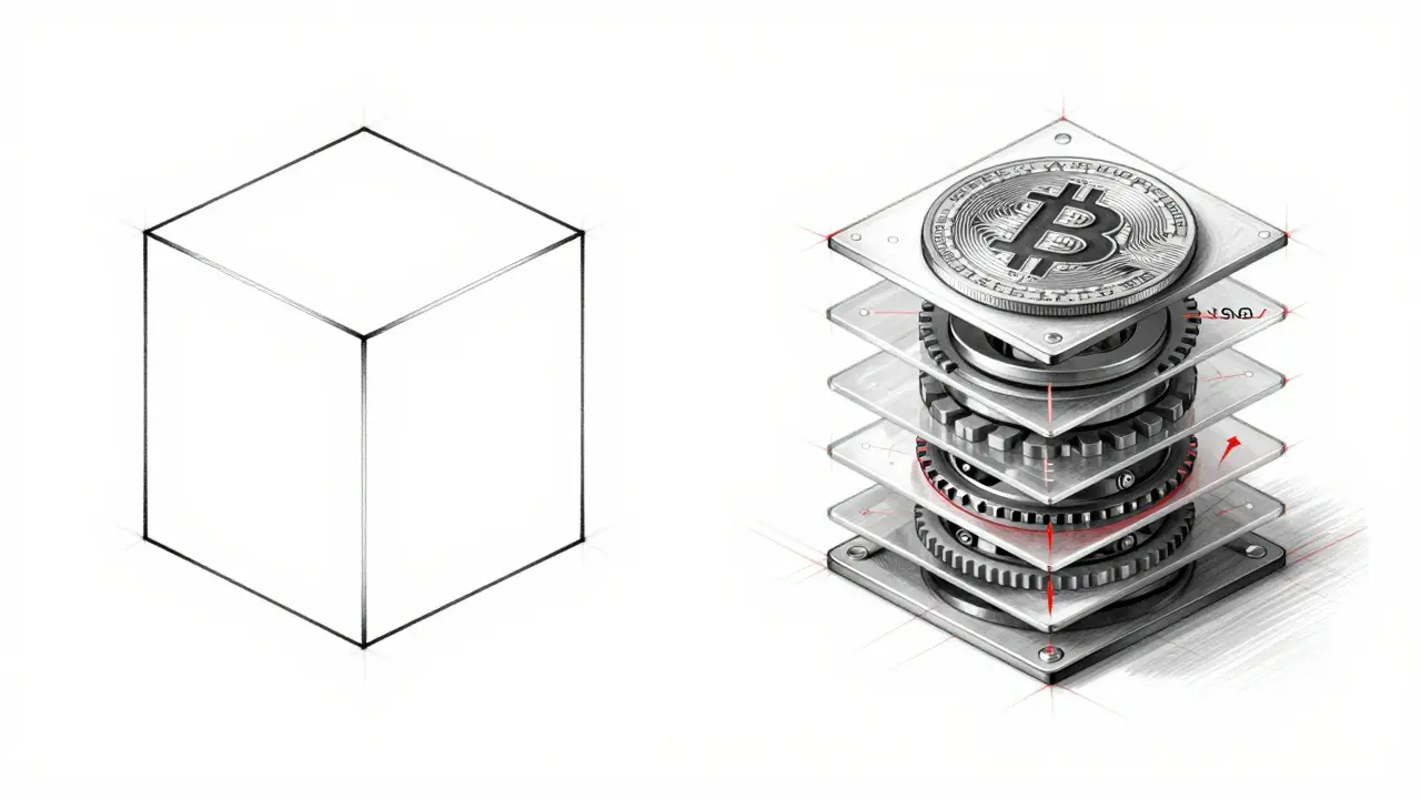 Design blueprint comparing static Bitcoin structure vs dynamic Ethereum staking