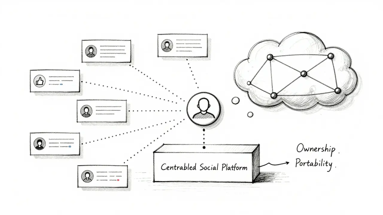 Design diagram illustrating portable social graph migration from centralized platforms