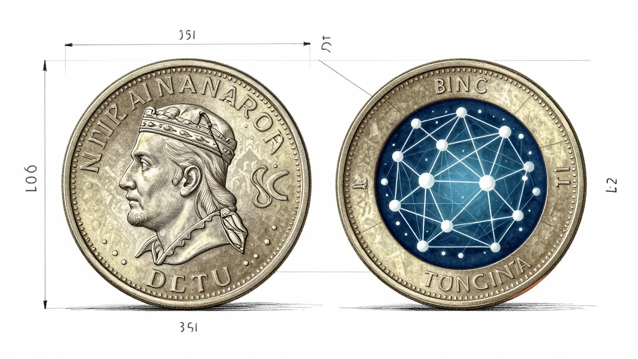 Design draft of a hybrid coin merging fiat currency and crypto tech