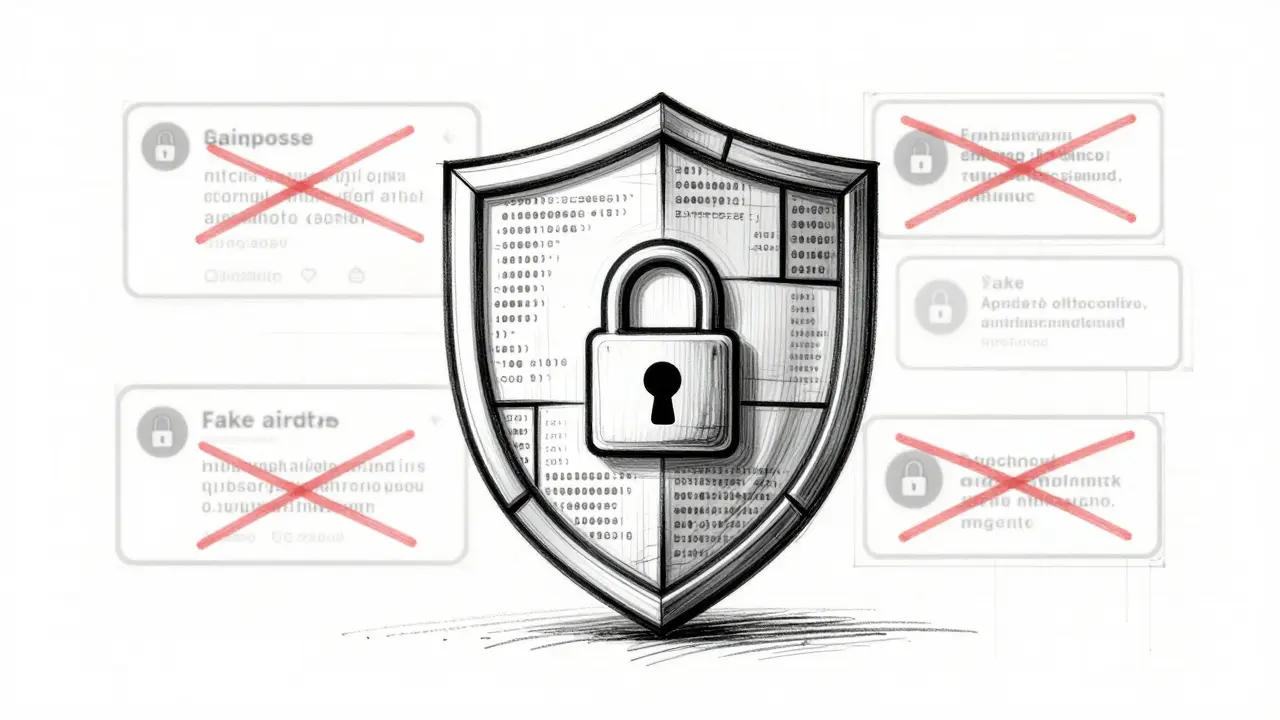 Design sketch of security shield blocking crypto scam icons