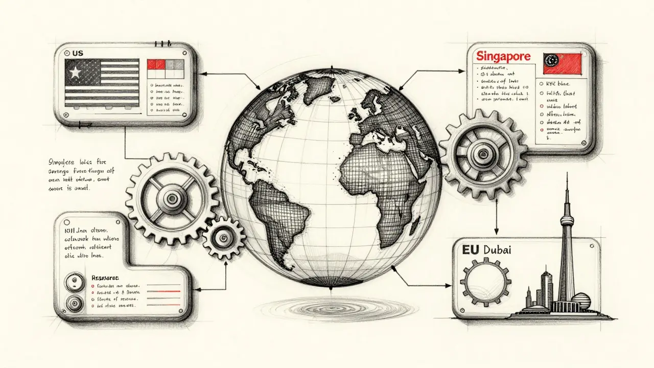 Exploded view sketch of global regulatory frameworks for digital assets
