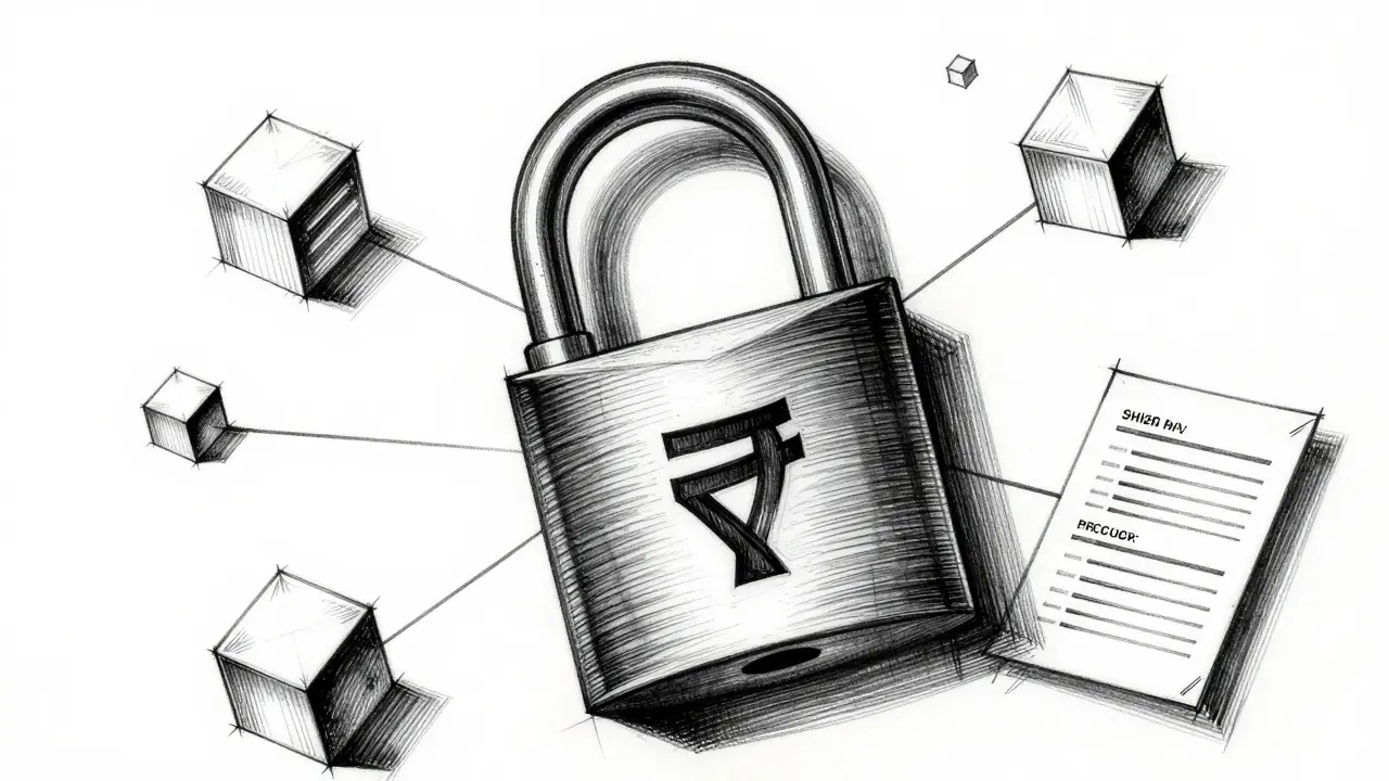 Ink drawing of padlock protecting digital assets and currency