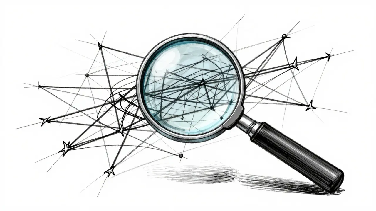 Magnifying glass inspecting tangled code lines for hidden scams