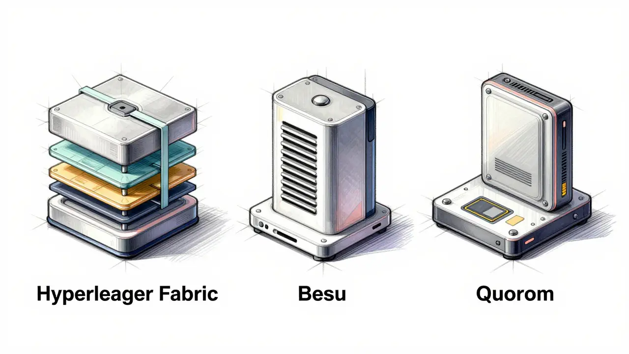 Technical design sketches comparing three distinct enterprise blockchain platform architectures.