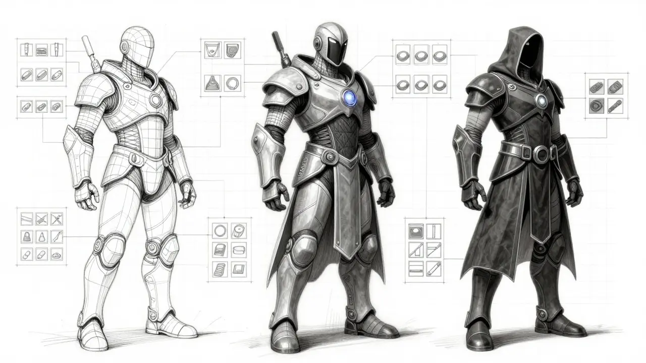 Technical drawing of three distinct hero classes in a game marketplace