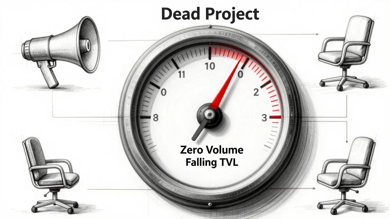 Technical sketch illustrating DeFi red flags like zero volume