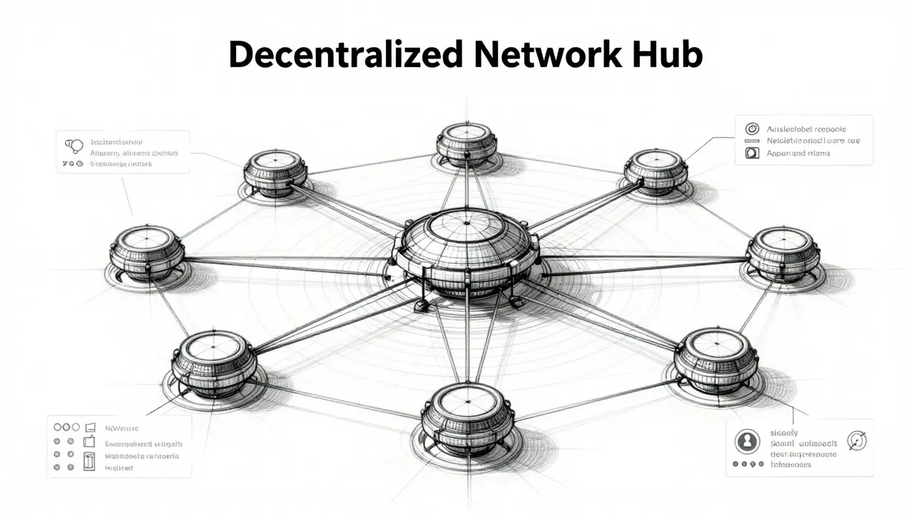 Wireframe blueprint of a decentralized peer-to-peer trading network