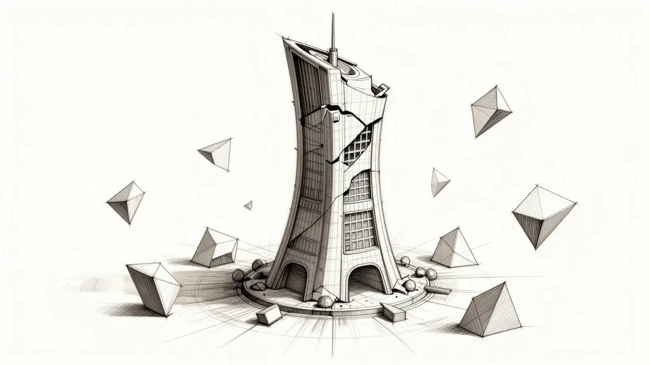 Wireframe sketch of crumbling structure symbolizing abandonment