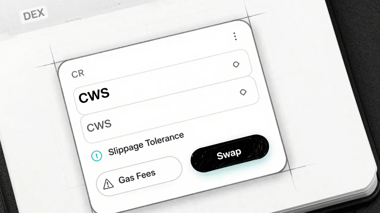 Wireframe sketch of DEX interface showing slippage and gas fees