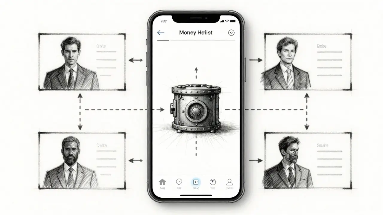 Wireframe sketch of Money Heist themed crypto game interface
