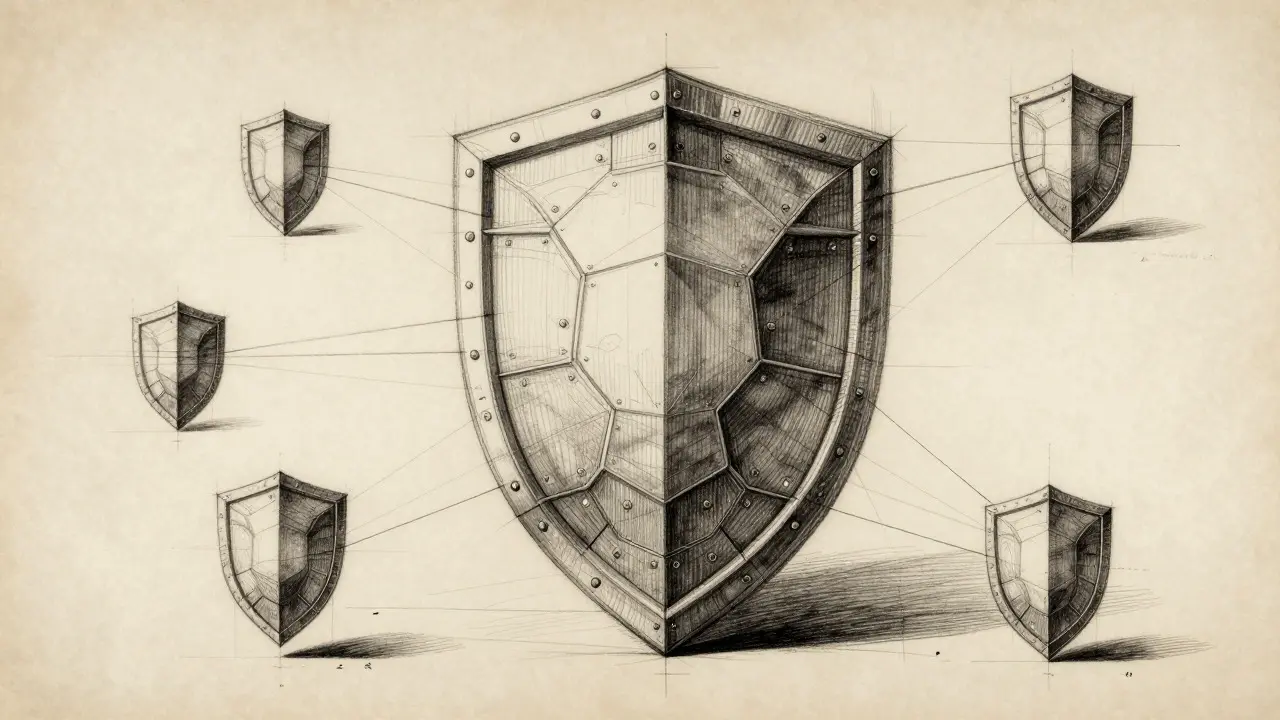 Architectural blueprint style sketch of a layered shield structure representing security