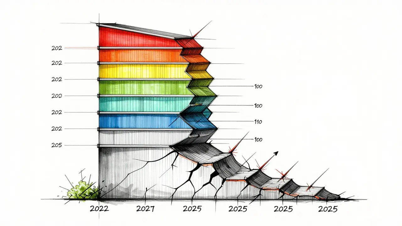 Architectural sketch illustrating asset value collapse over time