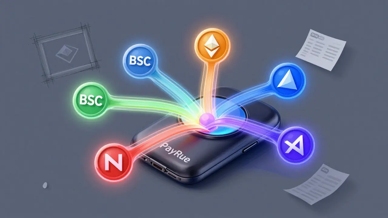 Artistic depiction of a multi-chain wallet unifying various blockchain networks.
